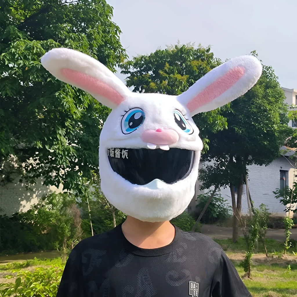 White rabbit head plush cover for motorcycle helmet with long ears.