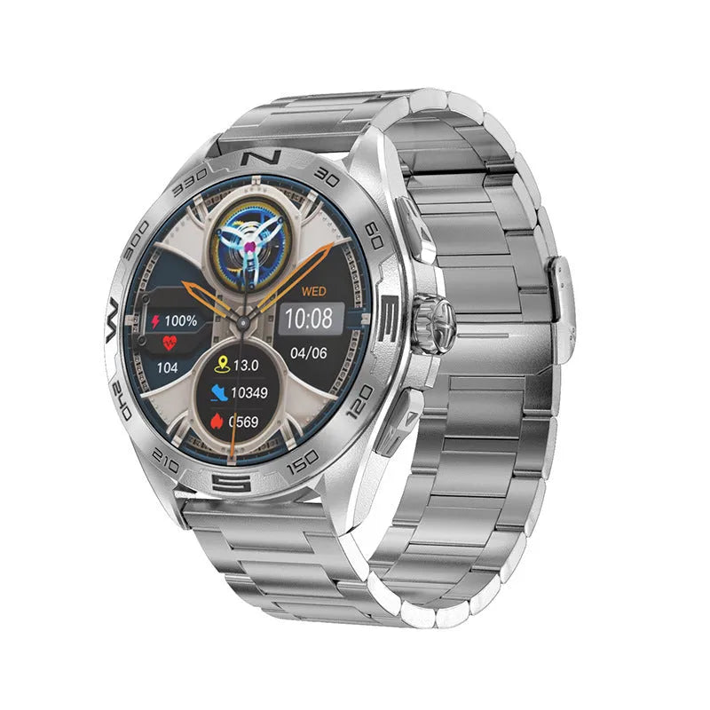 Black smart watch with touch screen displaying health metrics and WhatsApp messages on wrist.