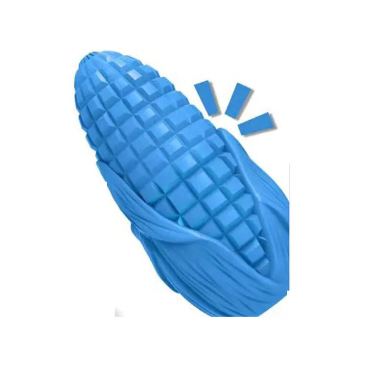Blue and yellow corn stick dog chew toy for aggressive chewers with textured surface