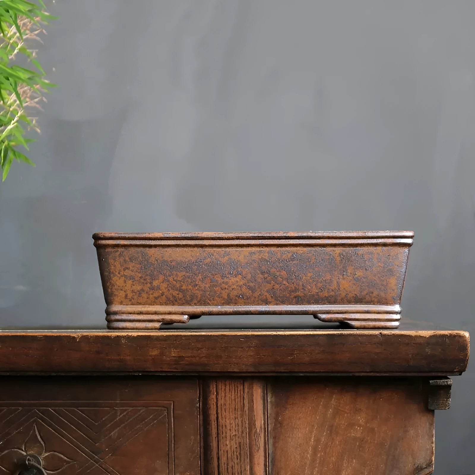 Purple sand rectangular bonsai pot with firewood burning decoration and five-line basin design