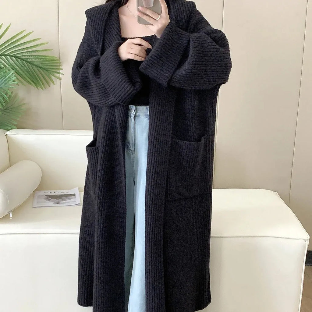 Loose fit hooded cardigan coat in acrylic fabric with extended length and raglan sleeves