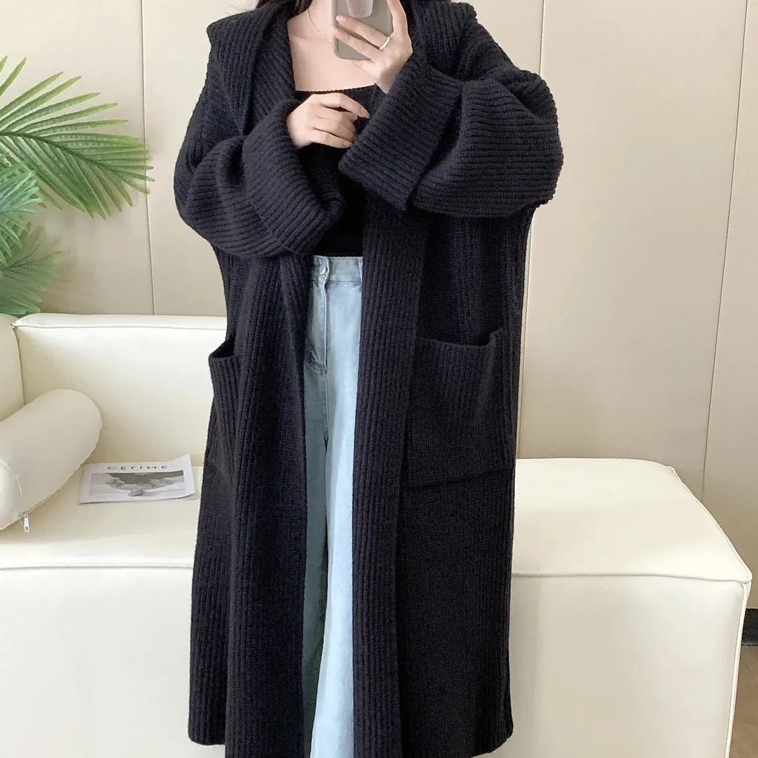 Loose fit hooded cardigan coat in acrylic fabric with extended length and raglan sleeves