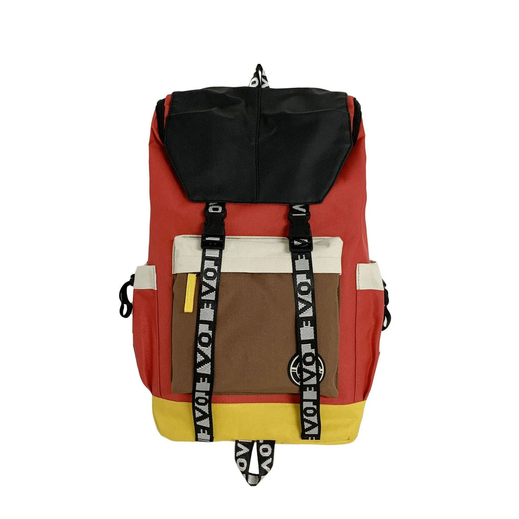 Oxford cloth backpack shown in black, green or red with handheld and shoulder straps.