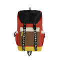 Oxford cloth backpack shown in black, green or red with handheld and shoulder straps.
