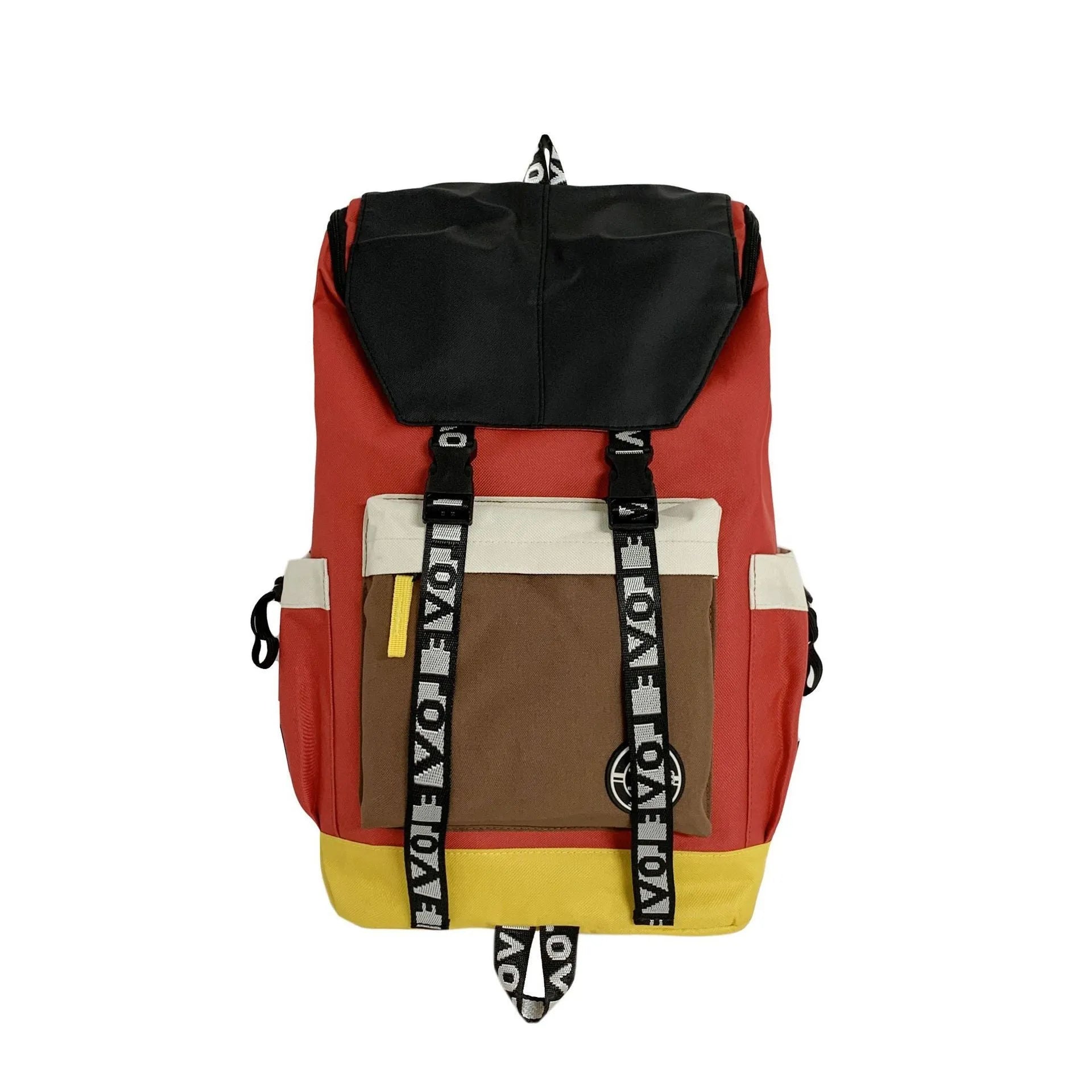Oxford cloth backpack shown in black, green or red with handheld and shoulder straps.