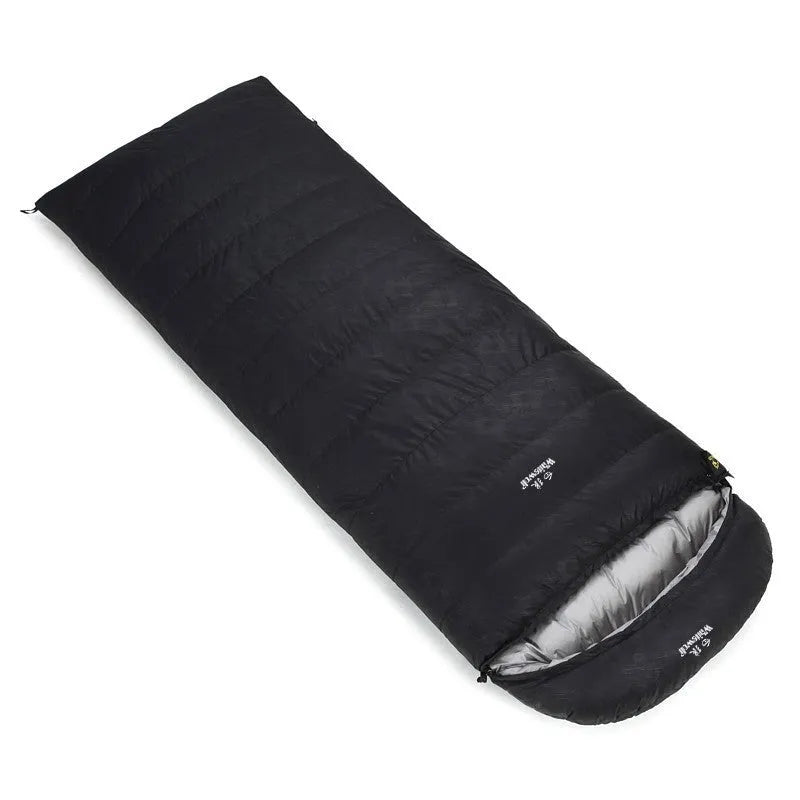 Black outdoor sleeping bag with envelope design for adult camping.