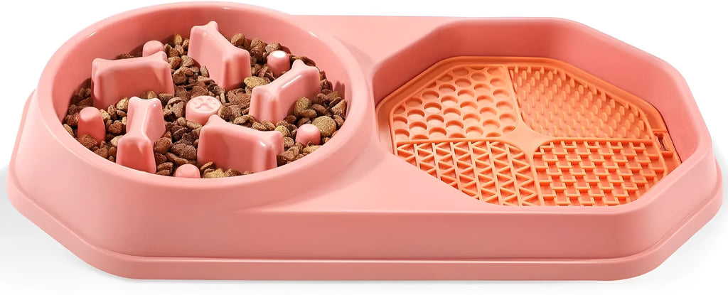 Blue slow feeder dog bowl with maze pattern for dry food and central cup for wet food like peanut butter.