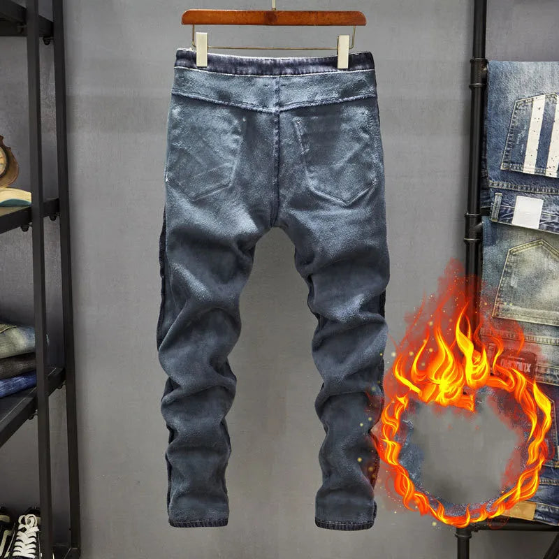 Men's slim-fit skinny jeans in dark blue denim fabric with a mid-rise waist