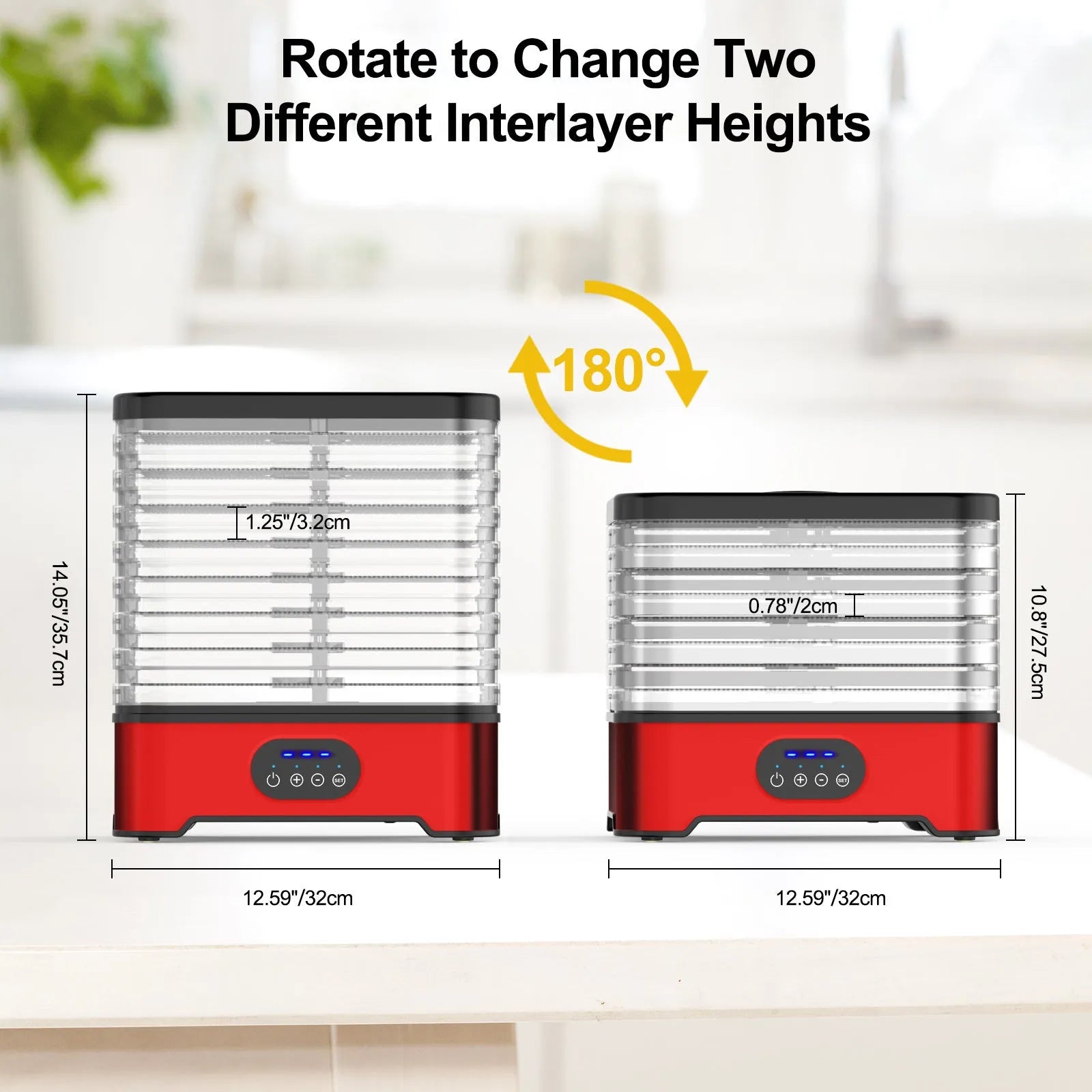 Silver or red household food dehydrator with 8 drying layers and control panel