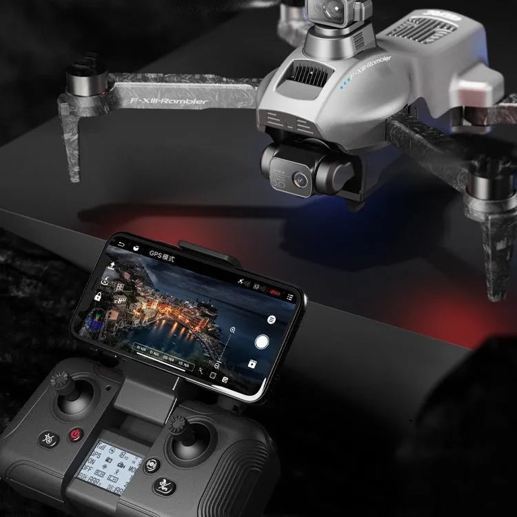 White foldable quadcopter drone with camera, remote control, flight batteries, and shoulder bag laid out.