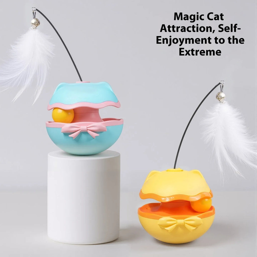 Electric cat toy tumbler teaser stick in lemon yellow, sky blue, or soft fog grey colour