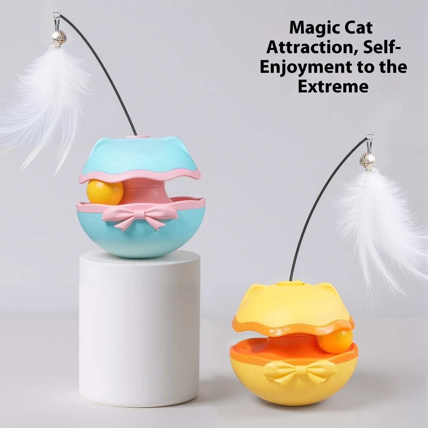 Electric cat toy tumbler teaser stick in lemon yellow, sky blue, or soft fog grey colour