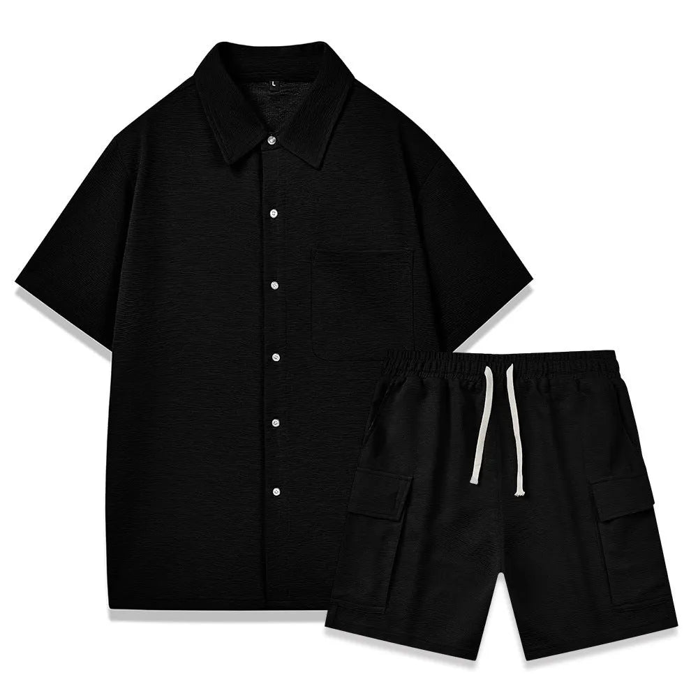 Polyester elastic waist shorts two-piece set in beige colour showing short sleeve top and shorts