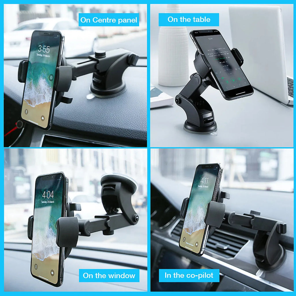Yellow and black telescopic car phone holder with suction cup mounted on a dashboard