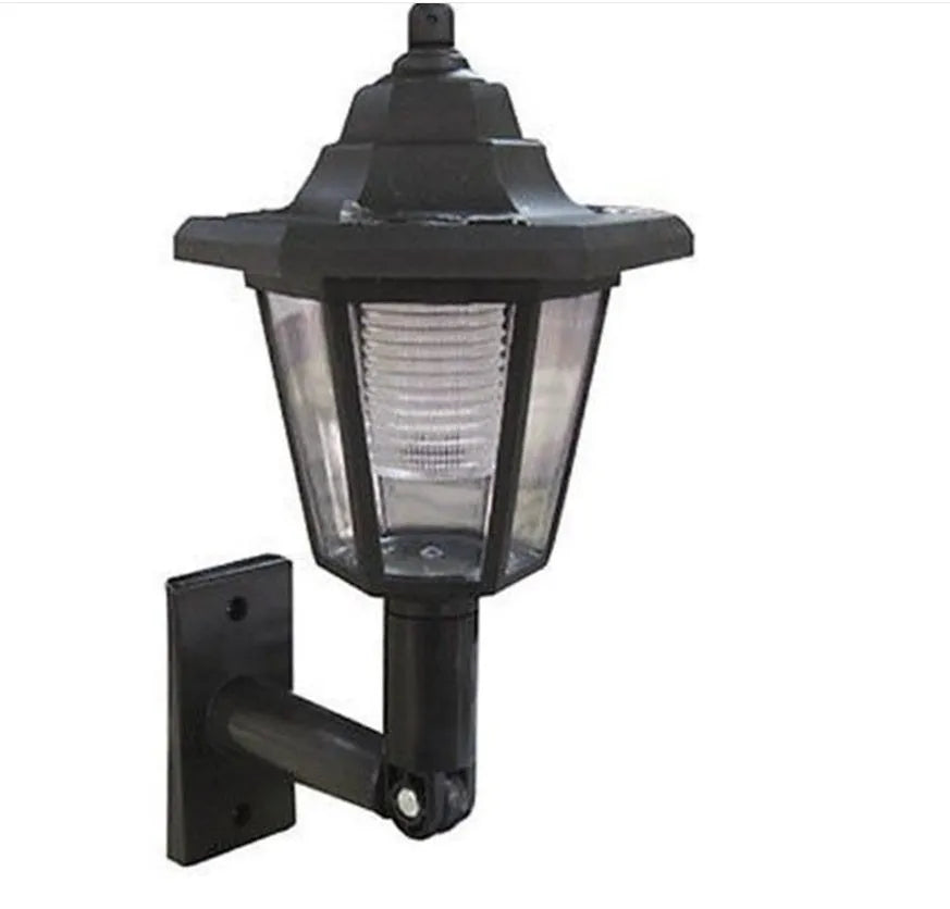 Black hexagonal solar wall light for outdoor use with automatic sensor and IP44 waterproof rating.