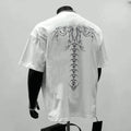 Men's black and white printed cotton t-shirt with loose fit design and short sleeves