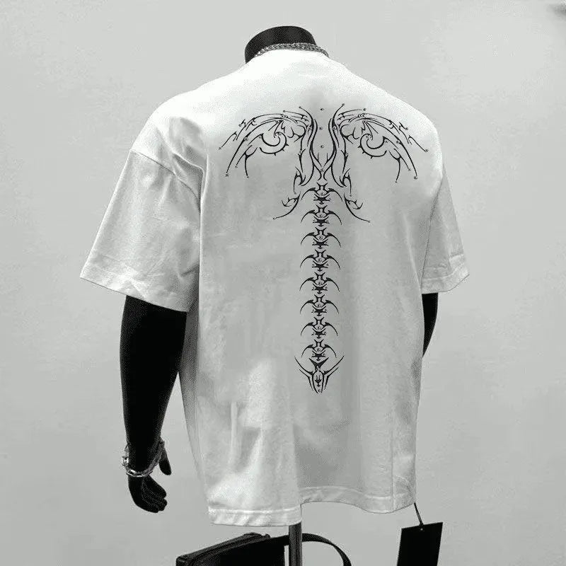 Men's black and white printed cotton t-shirt with loose fit design and short sleeves