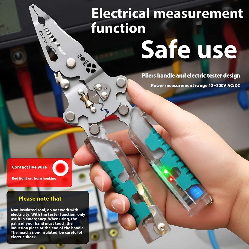 Thickened 8.8-inch electricians' pliers with wire stripper function and pointed nose design