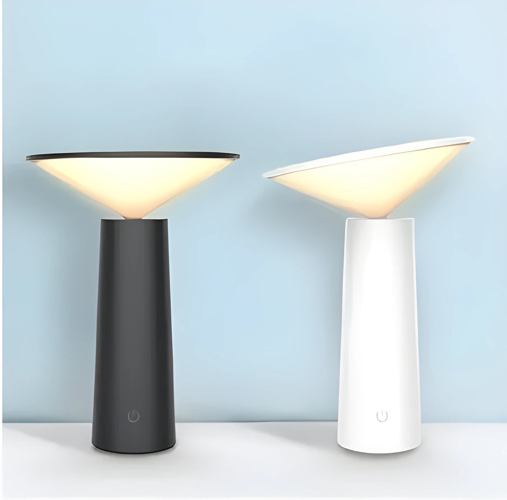 Black USB LED table lamp with adjustable head showing touch controls and micro USB charging port