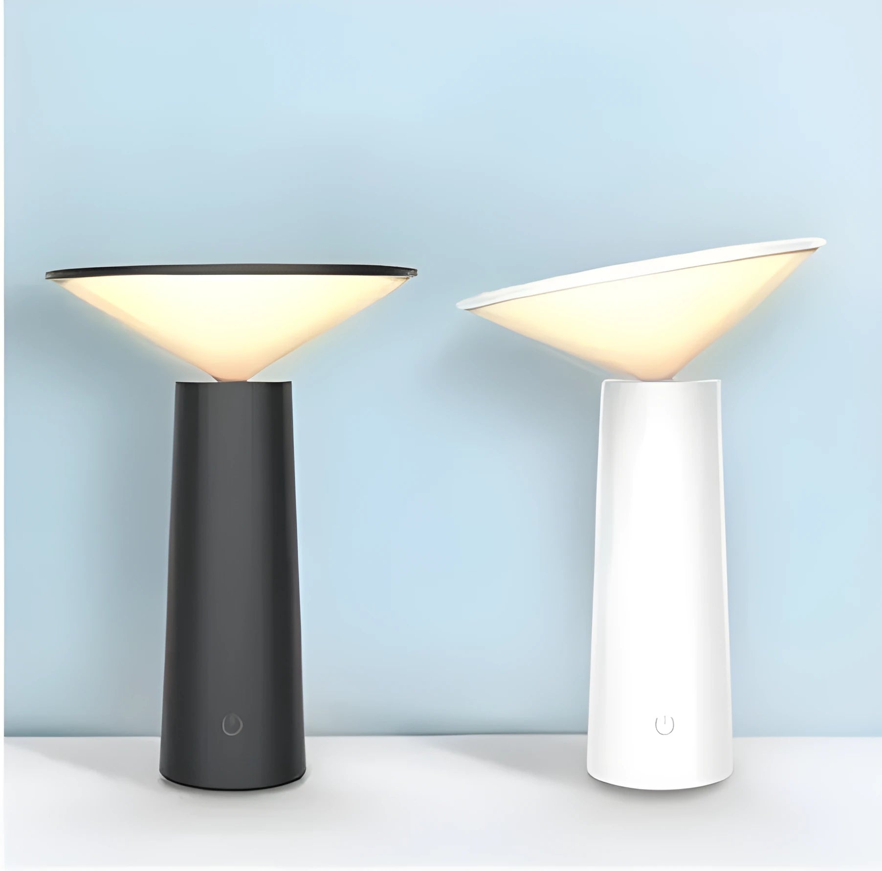 Black USB LED table lamp with adjustable head showing touch controls and micro USB charging port