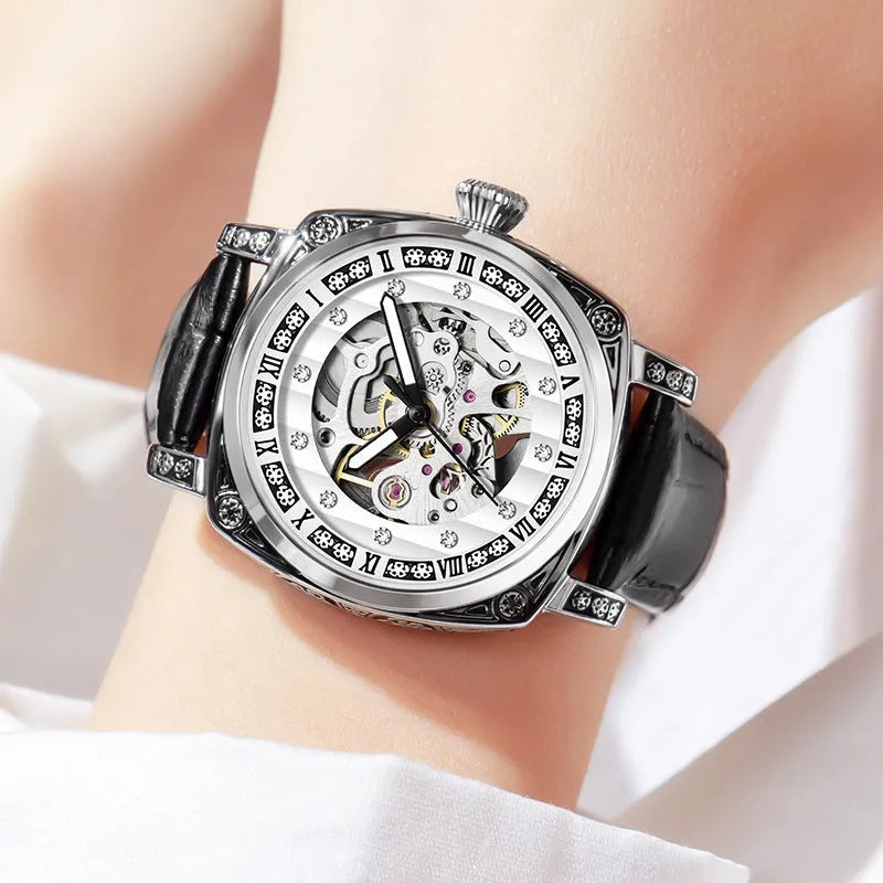 Leather strap mechanical watch with luminous hands in multiple colour options
