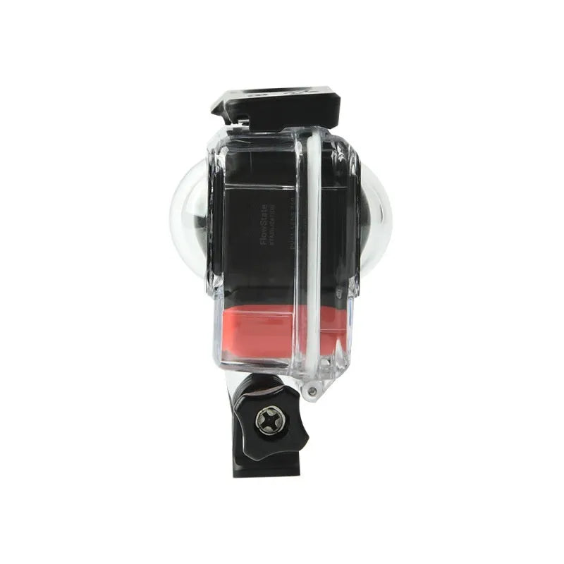 Transparent waterproof housing for Insta360 One RS panoramic camera showing dual-lens protection