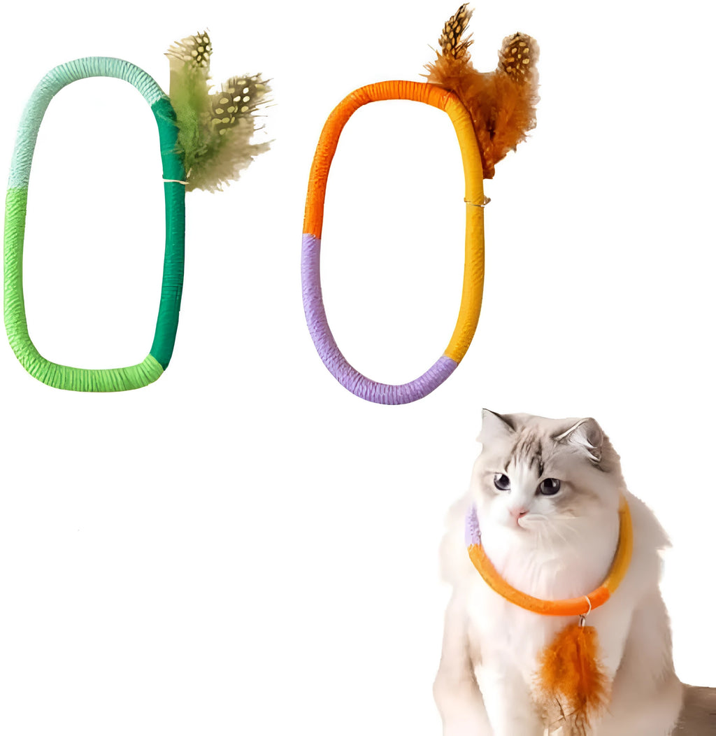 Circular green cotton rope cat toy with feathers and catnip for indoor cats