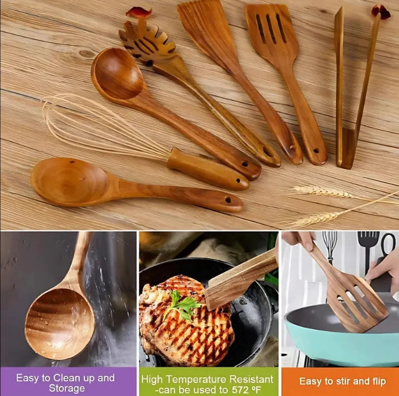 Seven-piece wooden cooking utensil set with natural finish for non-stick pans