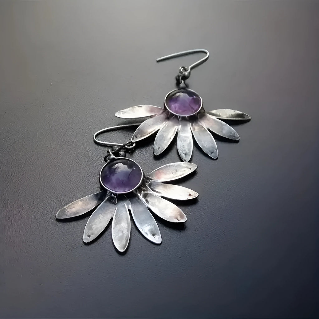Purple resin gemstone earrings with animal zodiac design in alloy metal, bohemian style