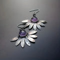 Purple resin gemstone earrings with animal zodiac design in alloy metal, bohemian style