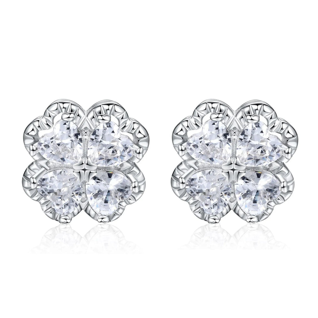925 silver zircon earrings with heart and four-leaf clover design in white gold colour finish