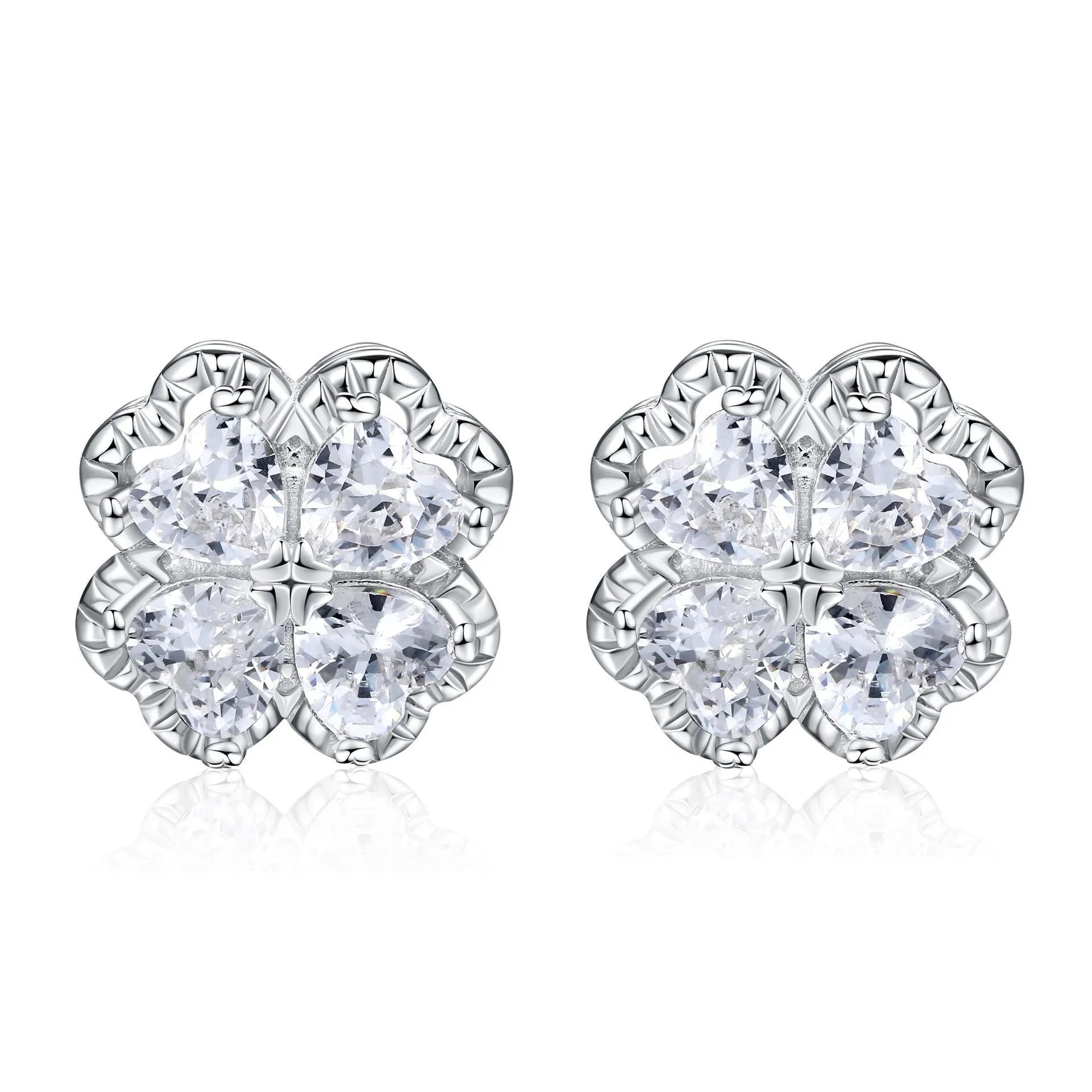 925 silver zircon earrings with heart and four-leaf clover design in white gold colour finish