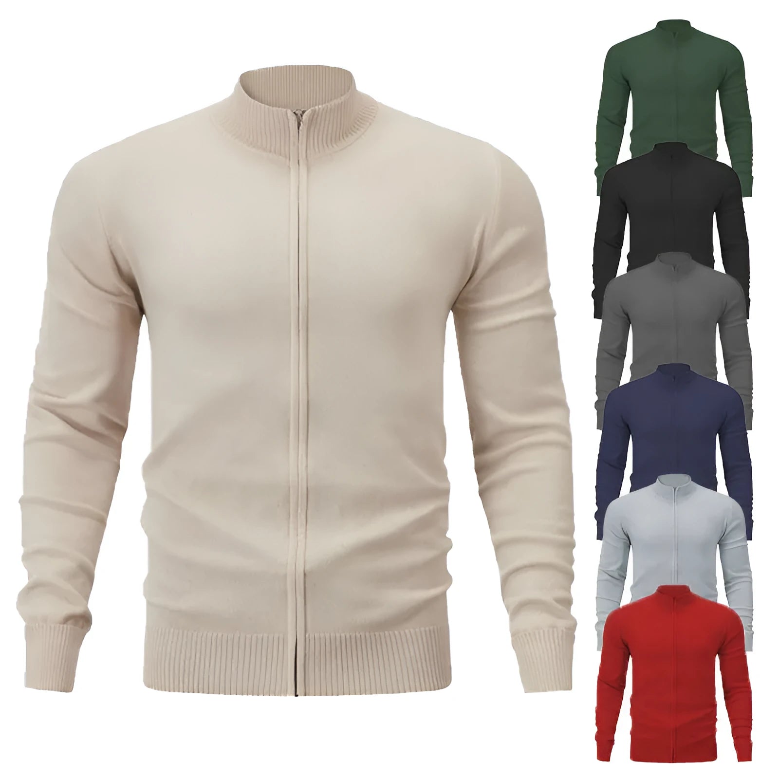 Casual zip-front sports sweater in cotton with a stand collar, shown in a solid colour.