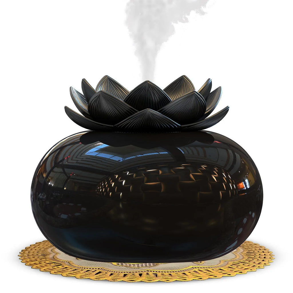 Pure black Lotus aromatherapy humidifier with USB port and mist outlet