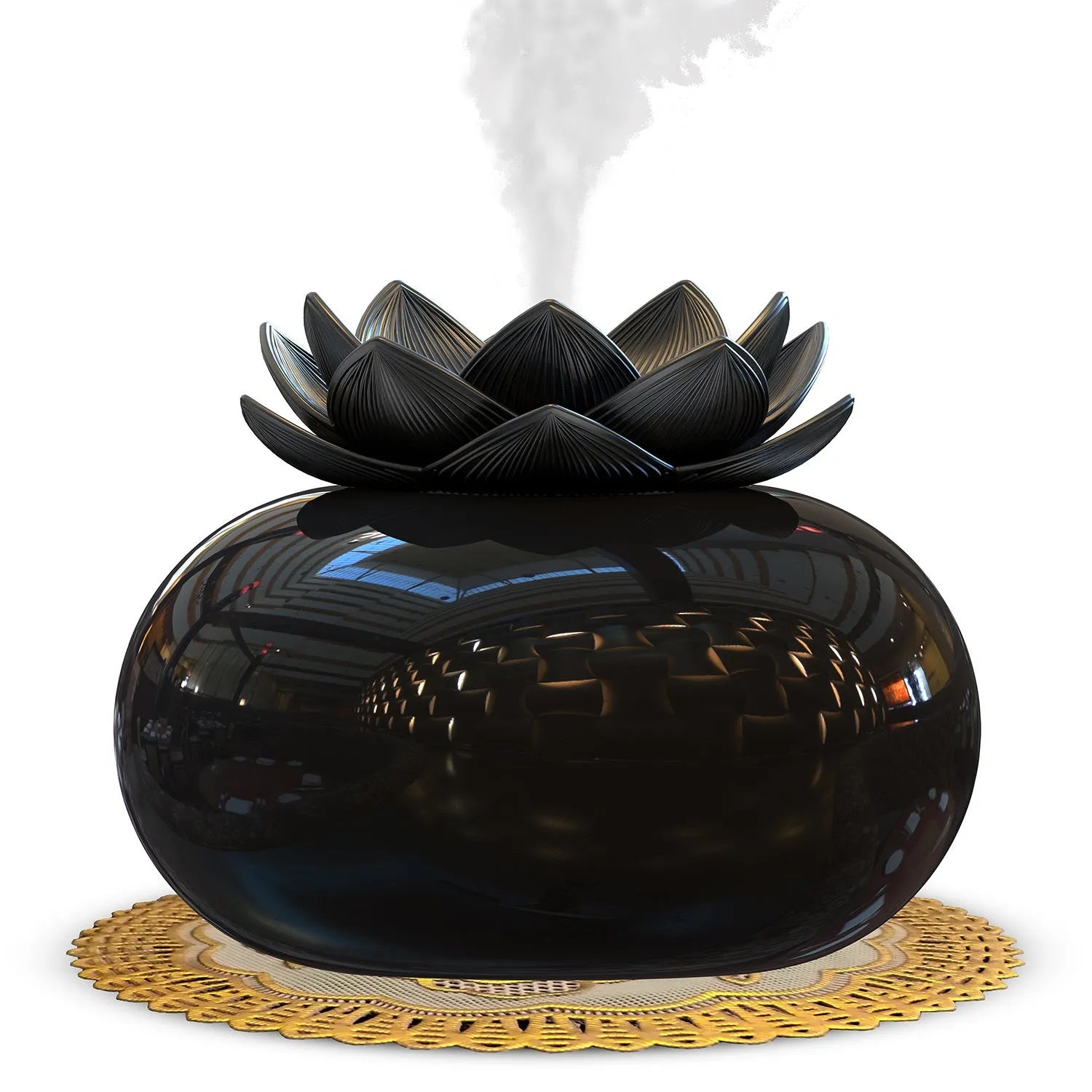 Pure black Lotus aromatherapy humidifier with USB port and mist outlet