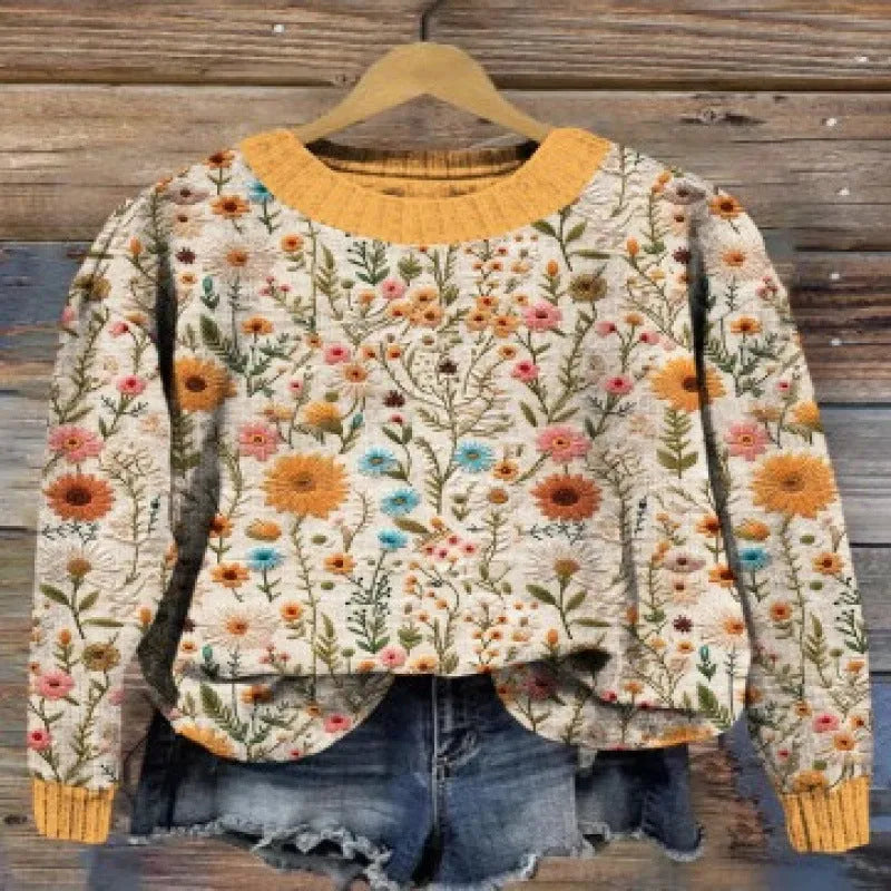 Women's floral digital printed round neck sweater in polyester fabric showing small flower pattern