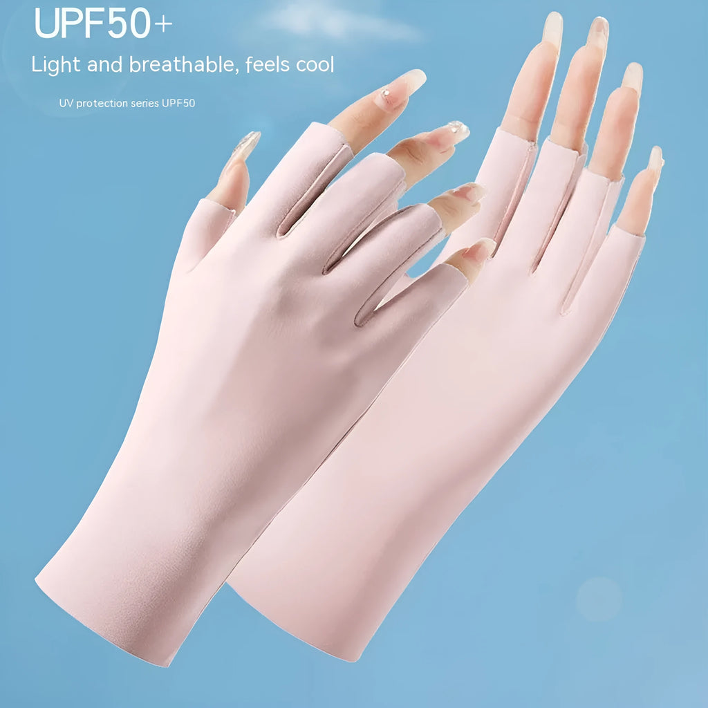 Women's thin nylon sunscreen gloves with ice silk cooling in various colours on a hand.