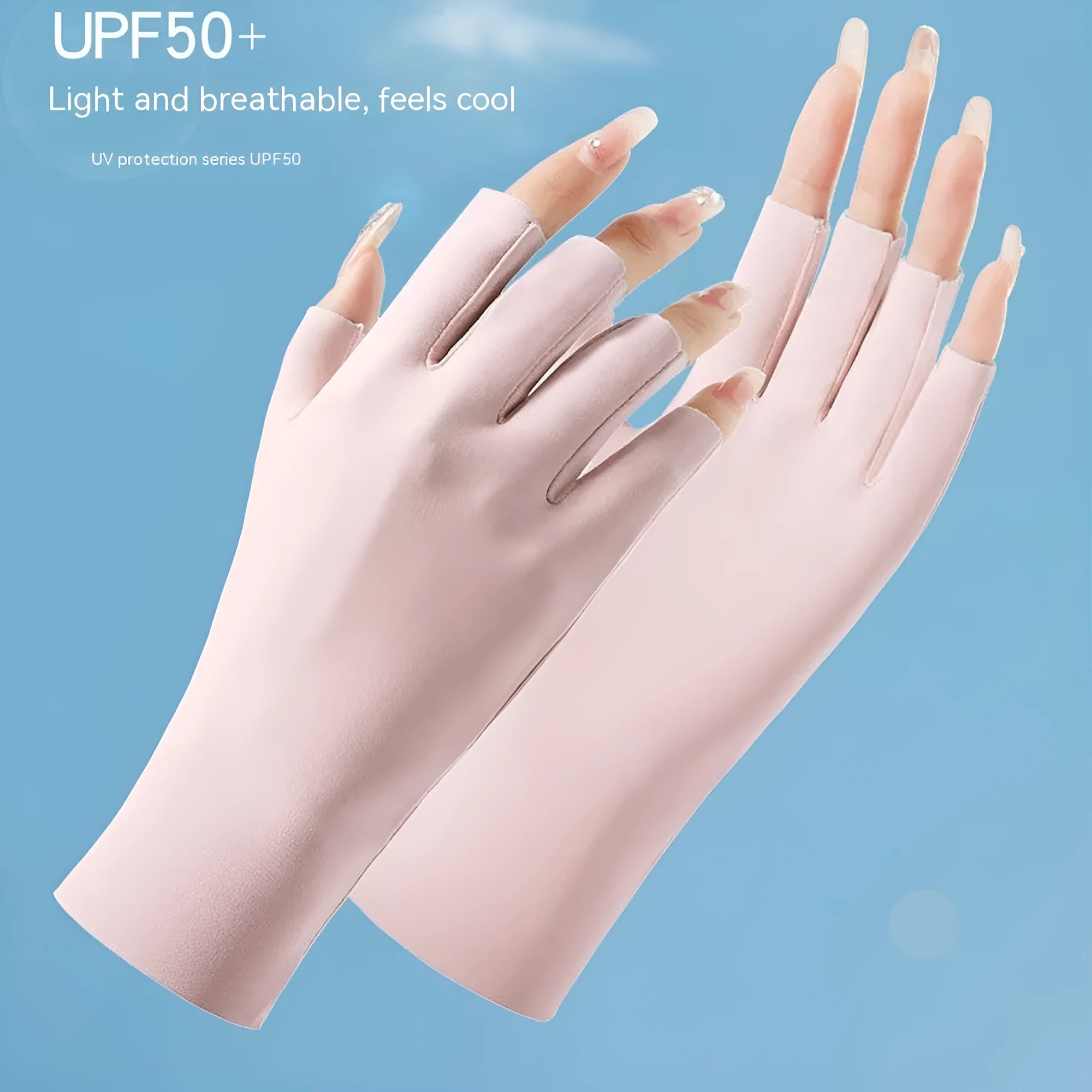 Women's thin nylon sunscreen gloves with ice silk cooling in various colours on a hand.