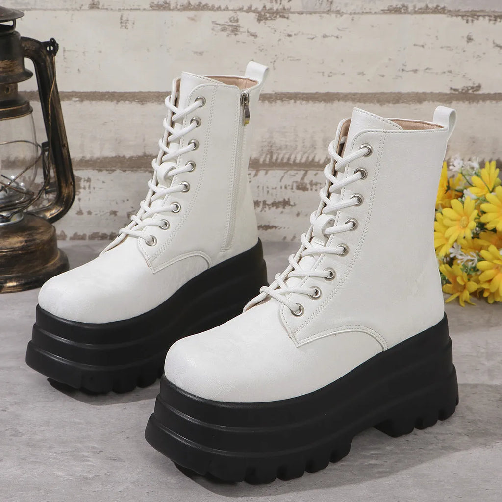 Women's black retro Martin boots with chunky heel, platform sole, and side zip.