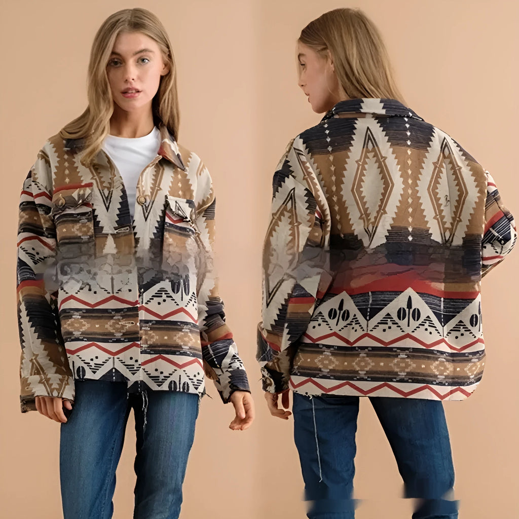 Women's loose-fit retro jacket with Aztec print in woolen fabric, shown in Army Green colour.