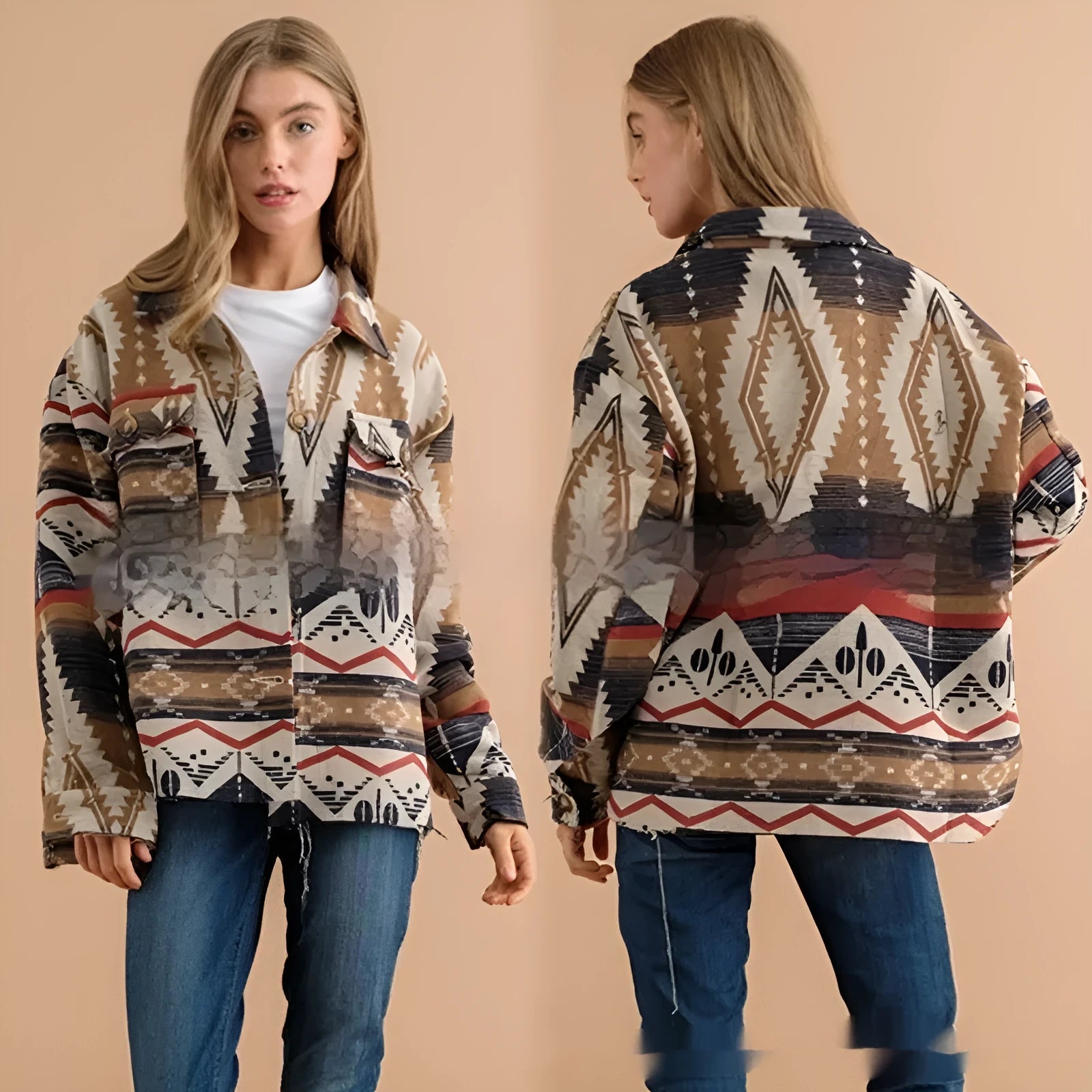 Women's loose-fit retro jacket with Aztec print in woolen fabric, shown in Army Green colour.