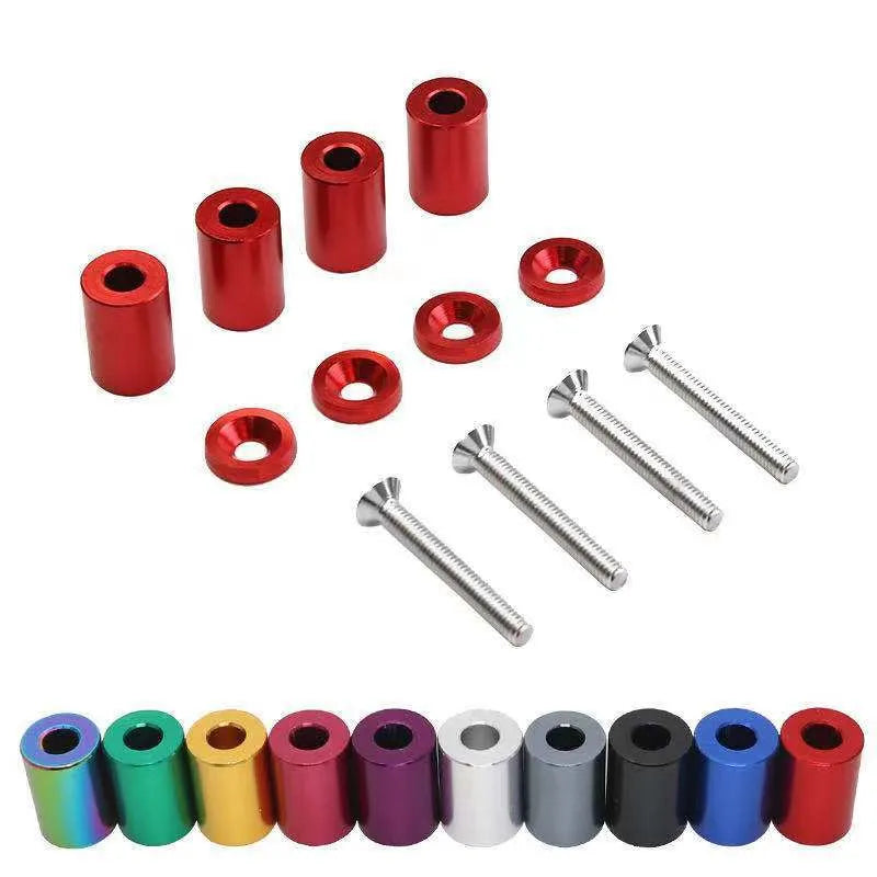 Aluminium engine cover spacer kit with screws, nuts and washers in black, blue and red colours