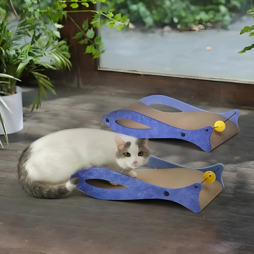 Blue fish-shaped cat scratcher with bell ball toys on elastic cord for scratching and play