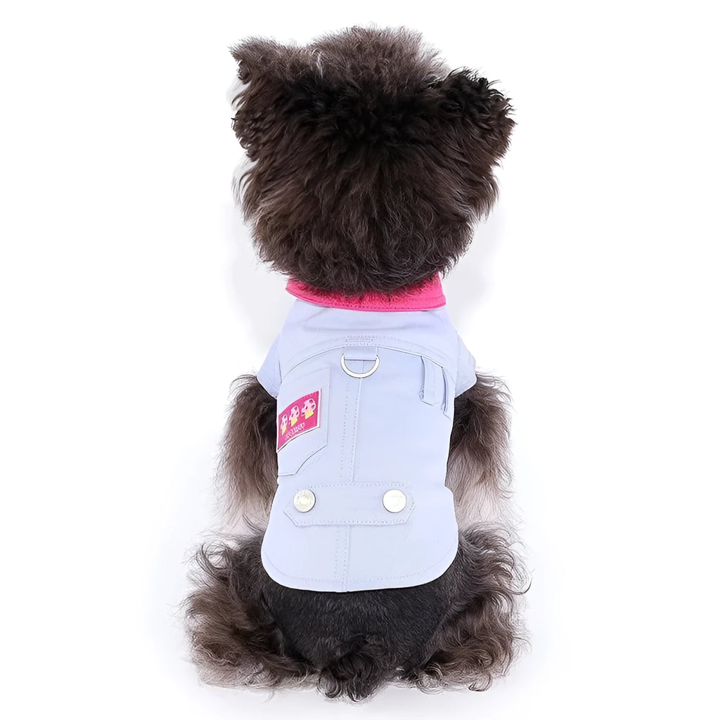 Blue and purple polyester dog vest with traction ring for small dogs