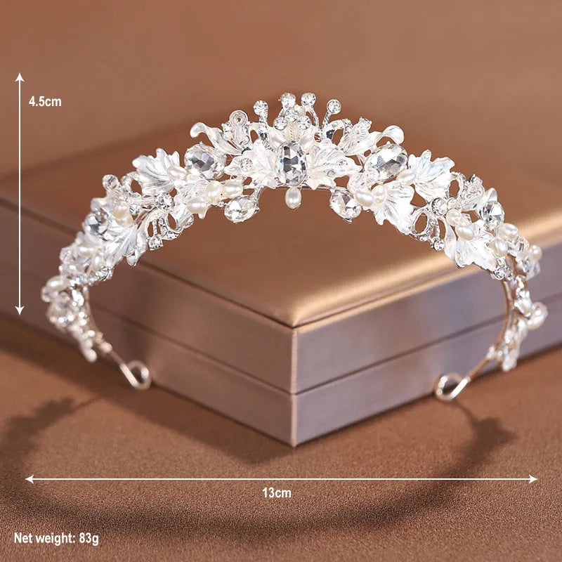Women's alloy crown headdress with pearl decorations in gold or silver electroplated finish