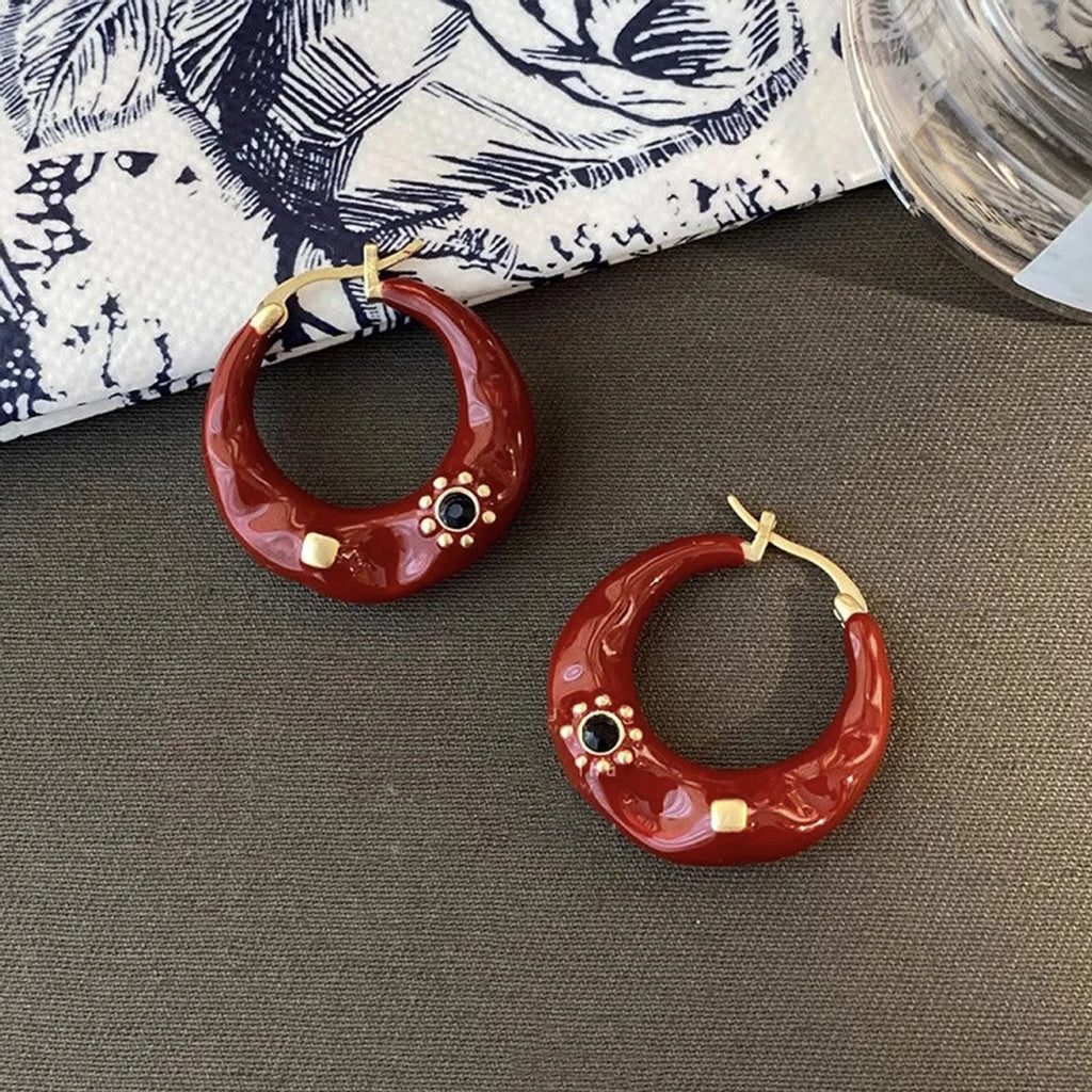 Hong Kong style retro rhinestone stud earrings in black and red with oil dripping finish