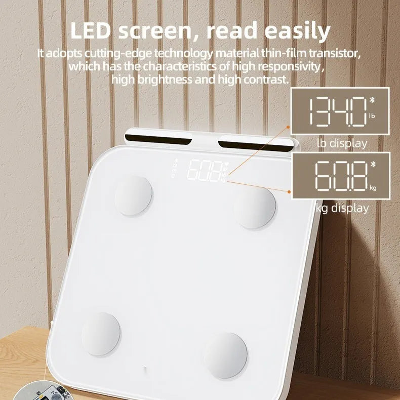 White professional 8-electrode body fat scale with tempered glass platform and LED display.