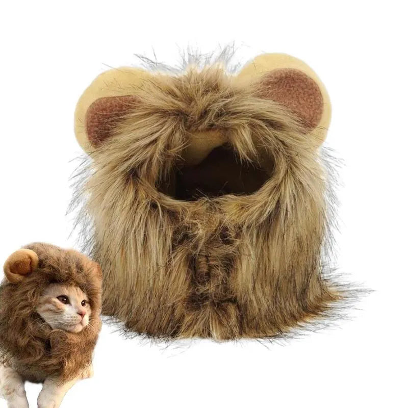 Lion mane wig for cat on pet's head showing fluffy artificial hair and adjustable elastic band.