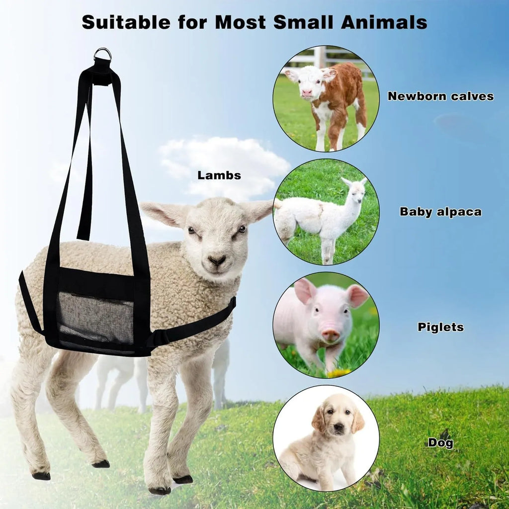 Large black polyester sling for weighing calves and small animals, measuring 35 cm wide.