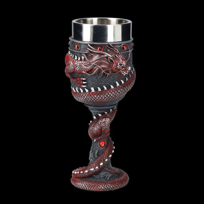 Red or gold stainless steel wine glass with a raised 3D dragon design and 200ml capacity.